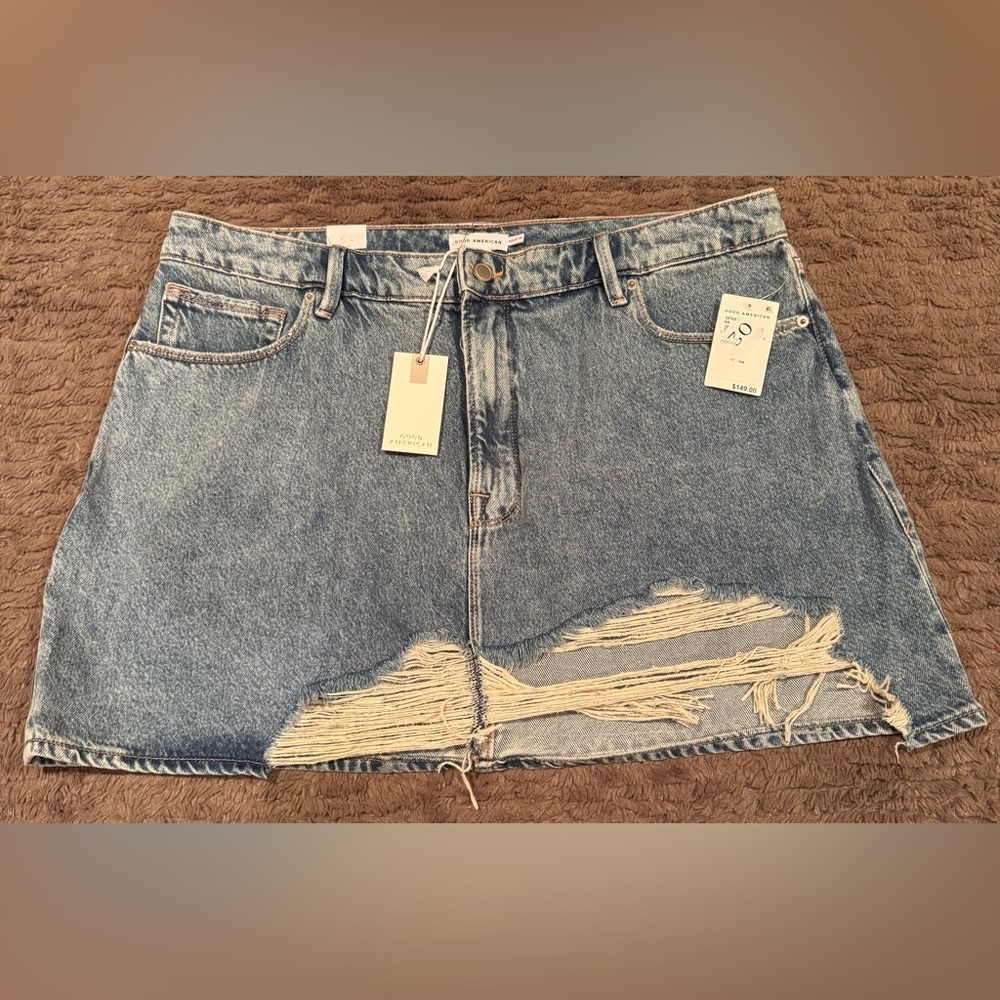 Good American Light Blue Distressed Denim Mini Skirt